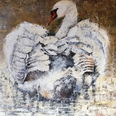 cigno realizzato a spatola, acrilico su juta